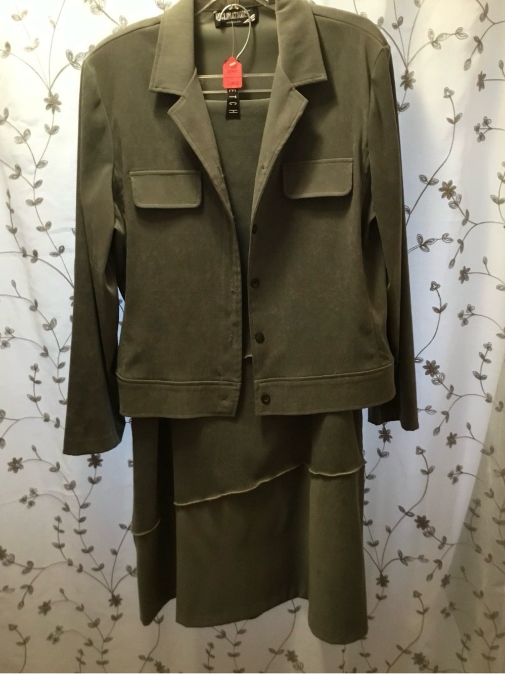 Inclinations Women’s Olive Green 2 Piece Set Jacket Midi Skirt Women’s L NWT